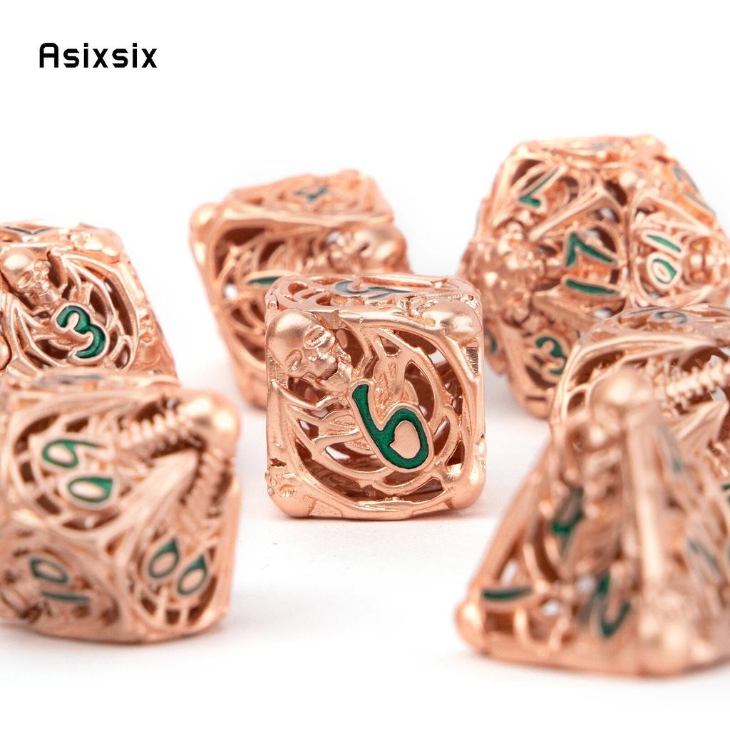 7 Pcs Golden Green Skull Metal Dice Hollow Metal Polyhedral Dice Set Suitable for Role-Playing RPG  Board Game Card Game