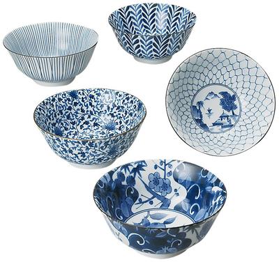 Nishikai Pottery Indigo med Diverse Gave Laget i cm Sett med Produkt 31303 Flerbruksboller, Blå, Design, Esket, Japan, 15.5 Diameter, 5, Antall