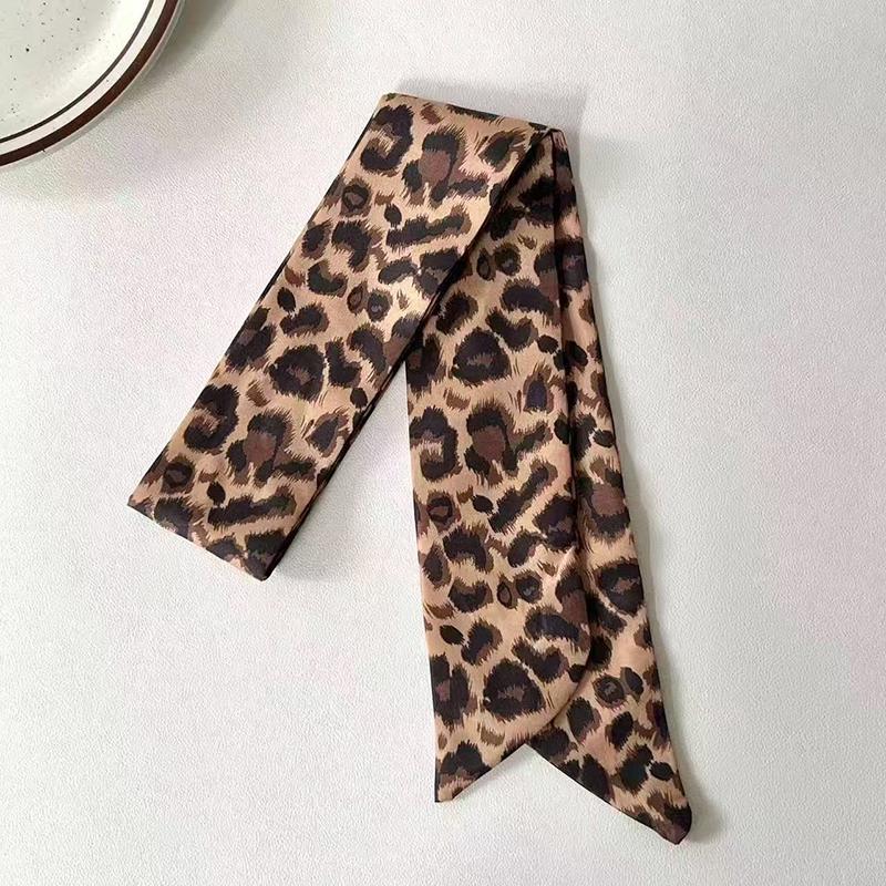 Luxury Leopard Print Tie Painting Silk Scarf Women Long Ribbon Skinny Bag Handle Ribbon Scarves Lady Spring Neckerchief Hairband