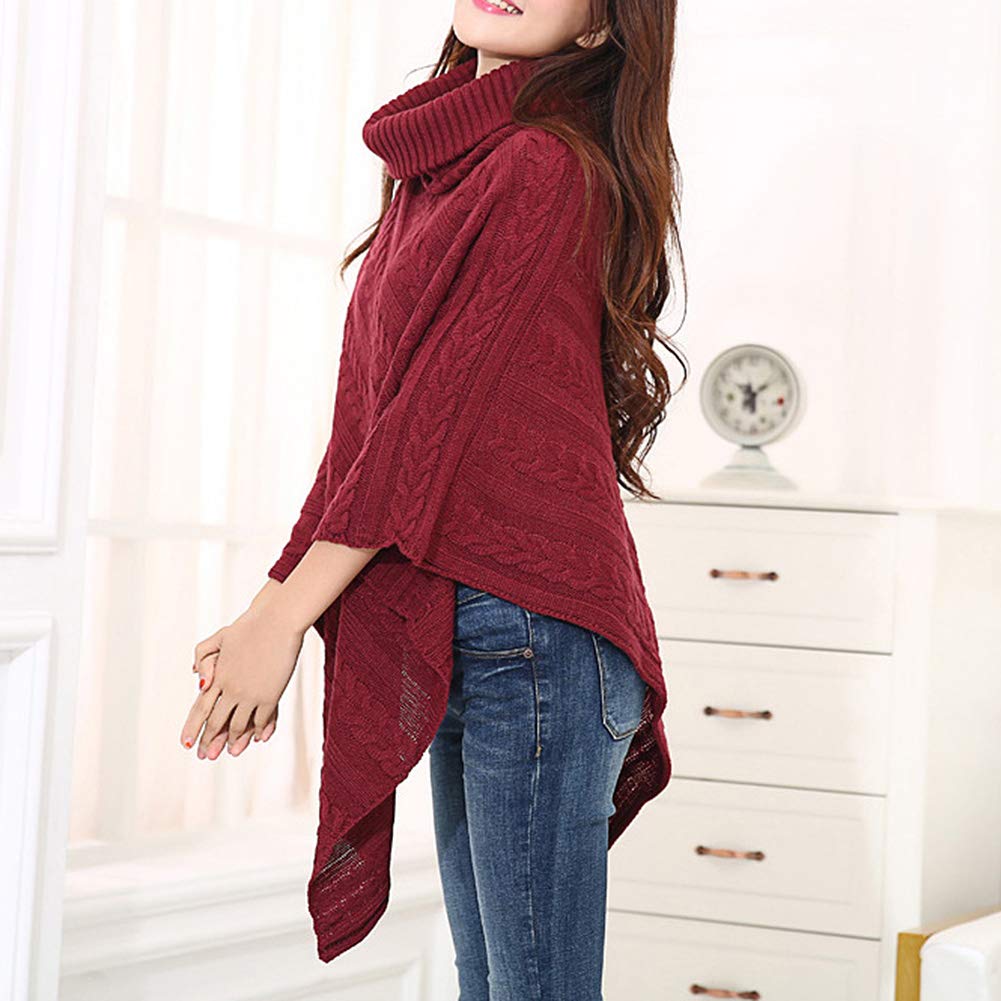 ANMIDA Knit Loose Knit Outerwear for Fall and Winter Women's Poncho, Turtleneck, Fit, Sweater,