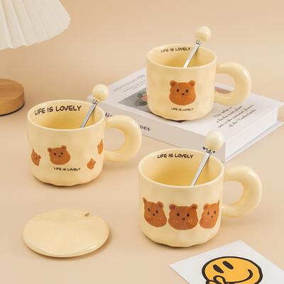 Korean Retro Bear Mug with Lid Spoon High Value Girl Couple Ceramic Cup Office Drinking Water Coffee Cup