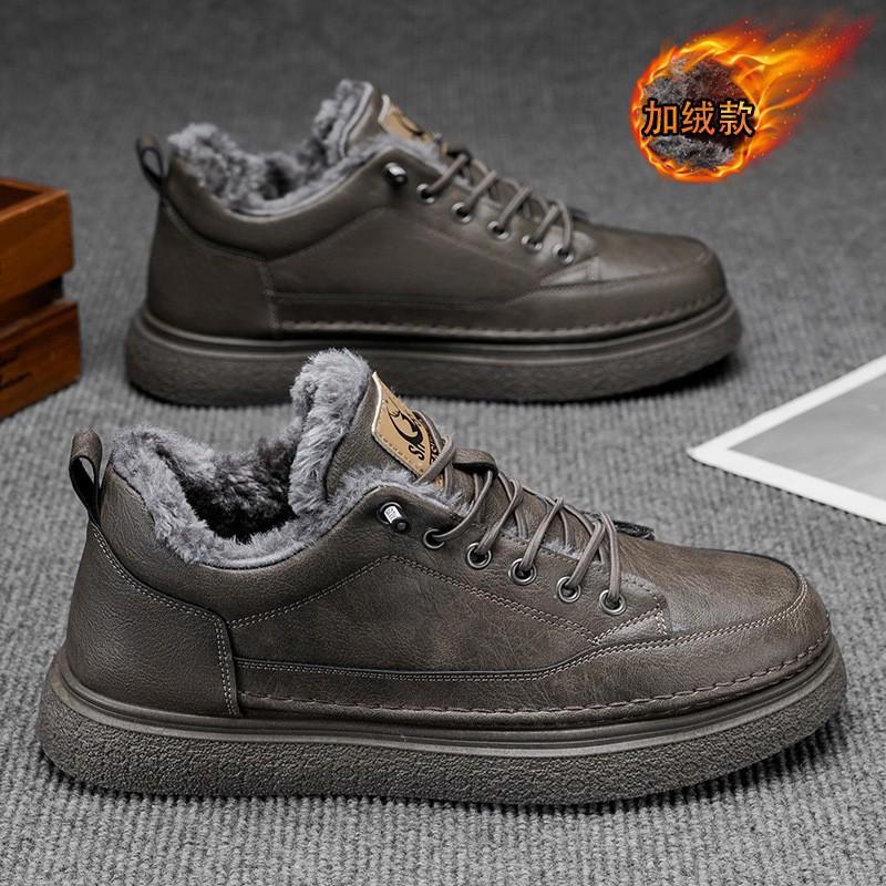 

Velvet Martin Boots Men s Waterproof Non-slip Ankle Fashionable All-matching Thick Thermal Cotton Shoes Black Leather 44