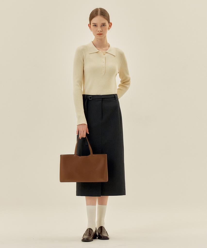 Mind Bridge Woman [Couture] H-Line Belted Slit Skirt - 2 Colors
