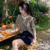 harajuku Vintage stripe Women's T-Shirts pure cotton Short Sleeve black y2k Tops Casual loose Street Clothing Women Summer Tees