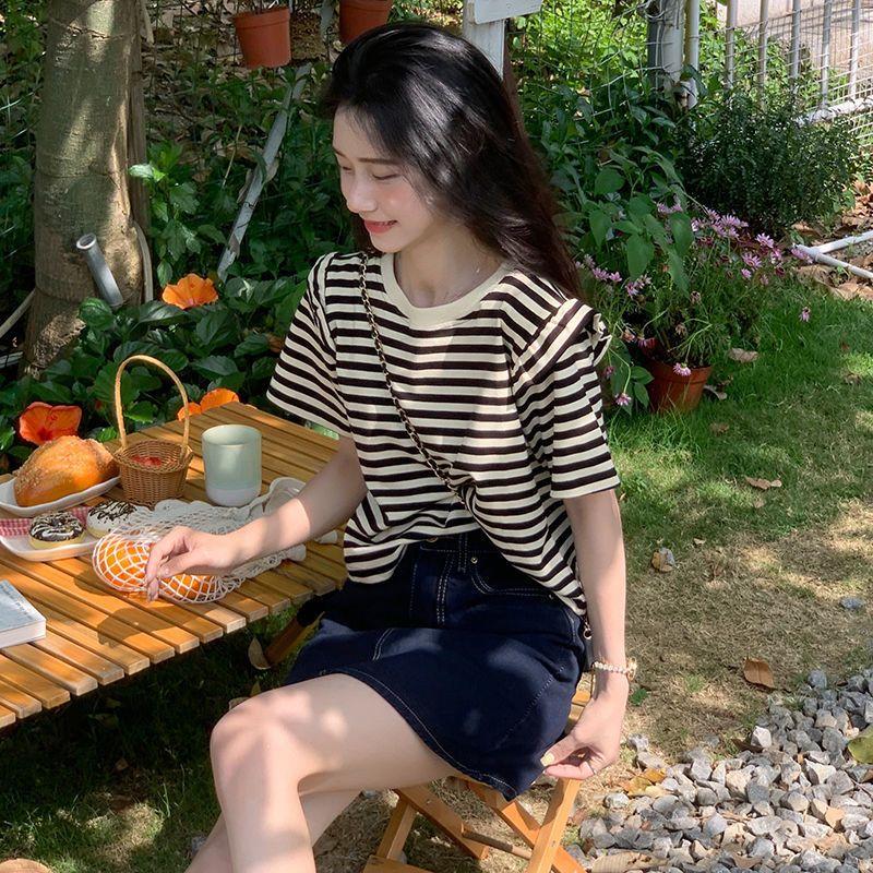 harajuku Vintage stripe Women's T-Shirts pure cotton Short Sleeve black y2k Tops Casual loose Street Clothing Women Summer Tees