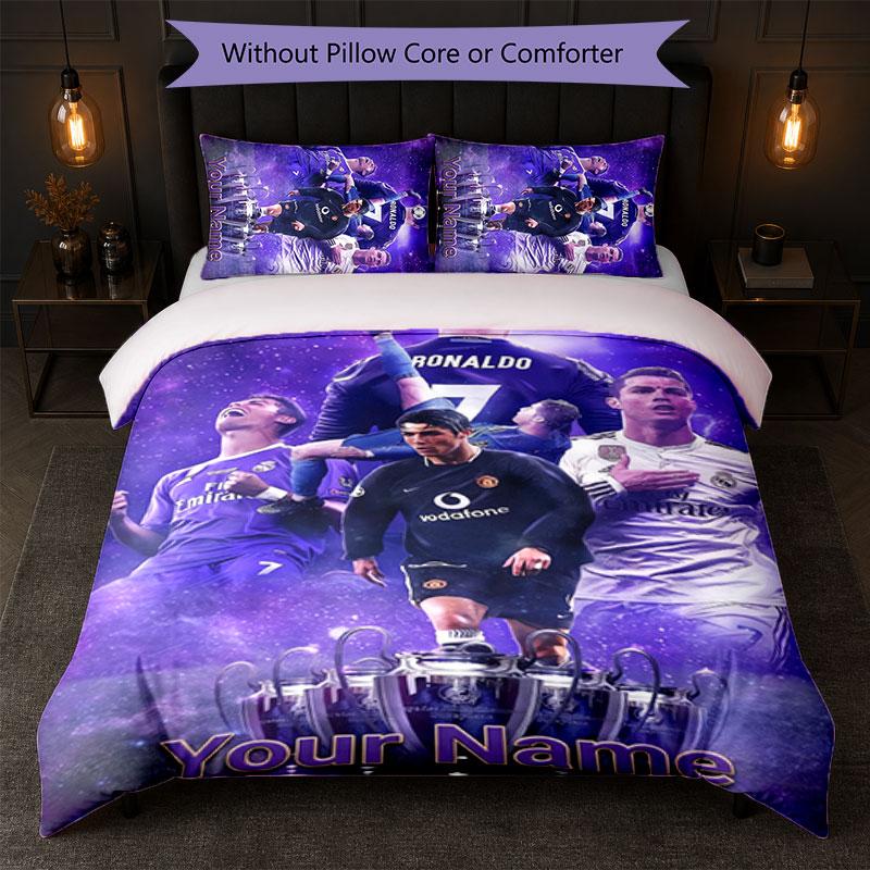 Cristiano Ronaldo Custom Name Text Bedding Set 1 Duvet Cover+2 Pillowcases Soccer Logo Personalized Gift For Special Occasion Bedroom Decor