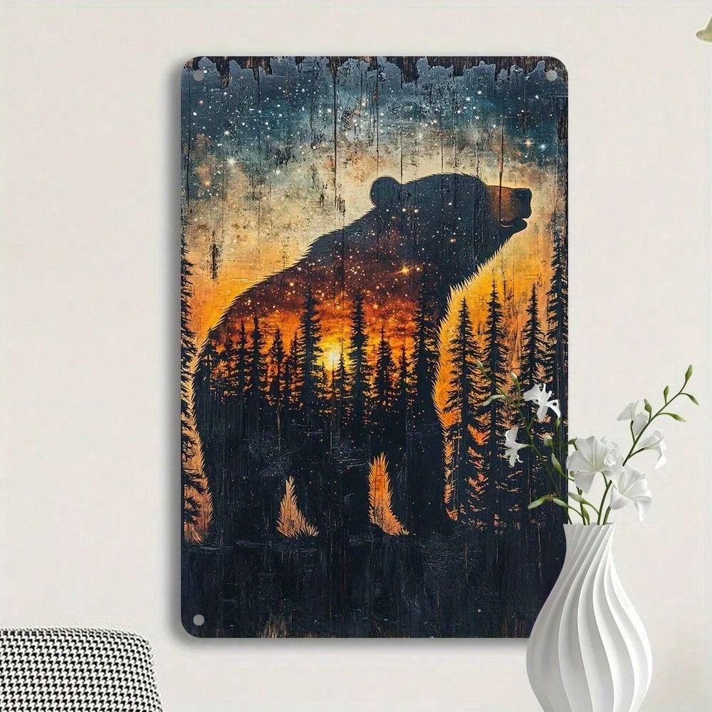 Metal Bear Silhouette Wall Art Retro Forest Poster Tin Sign Home Decor