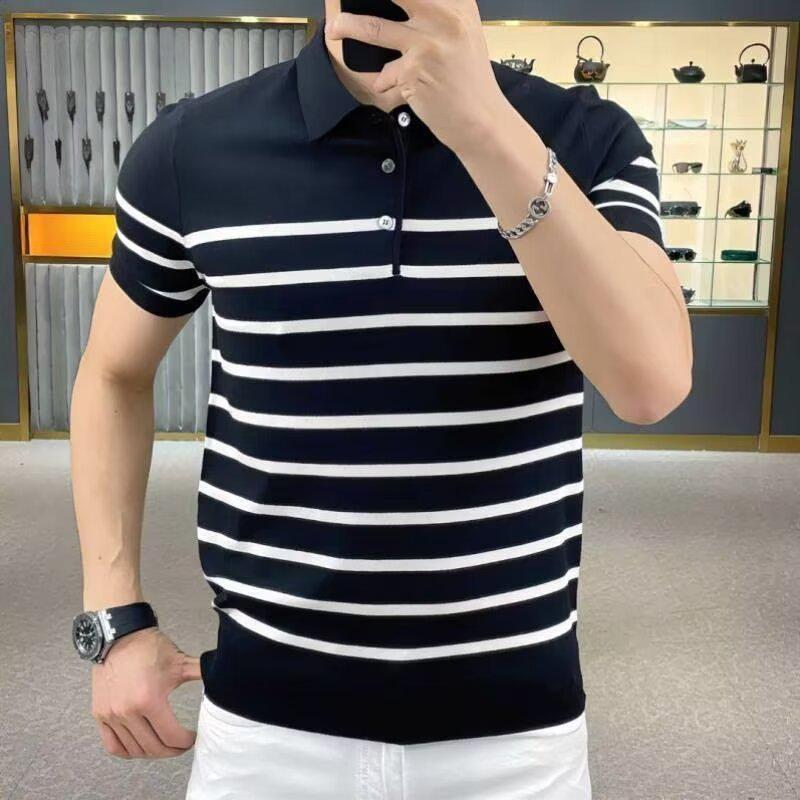 Men's Ice Silk Striped Polo Shirt - Light, Short-Sleeved, Summer 2024 Trend