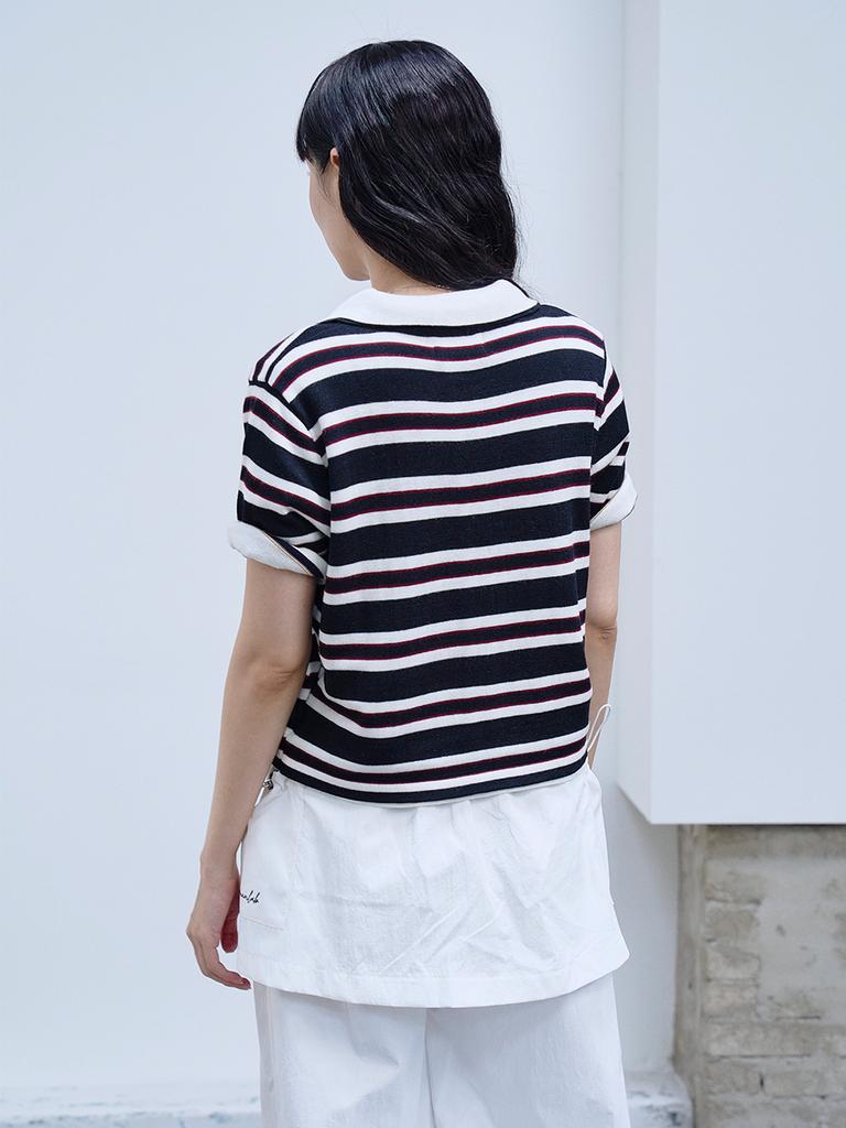 THE GREEN LAB Striped Polo Neck Short Sleeve Knit [Black]