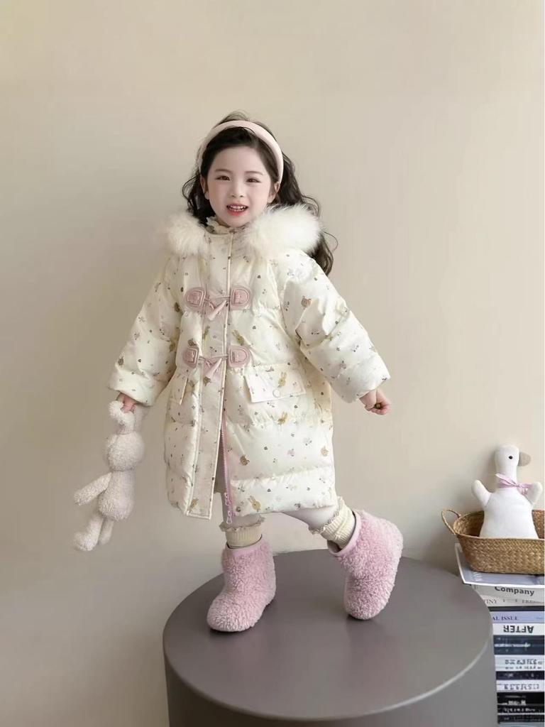 2025 Winter Girls' Mid-Length Down Jacket - Cute Hooded White Duck Down Coat
