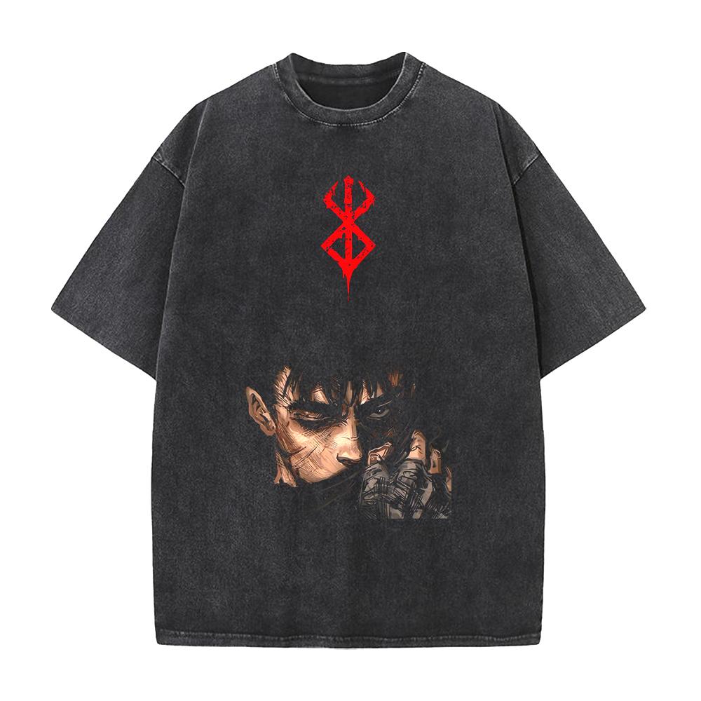 T-shirt Stampata Anime Berserk Guts Uomo Donna Manica Corta Cotone Magliette Vintage Lavata Harajuku Unisex Maglietta Oversize