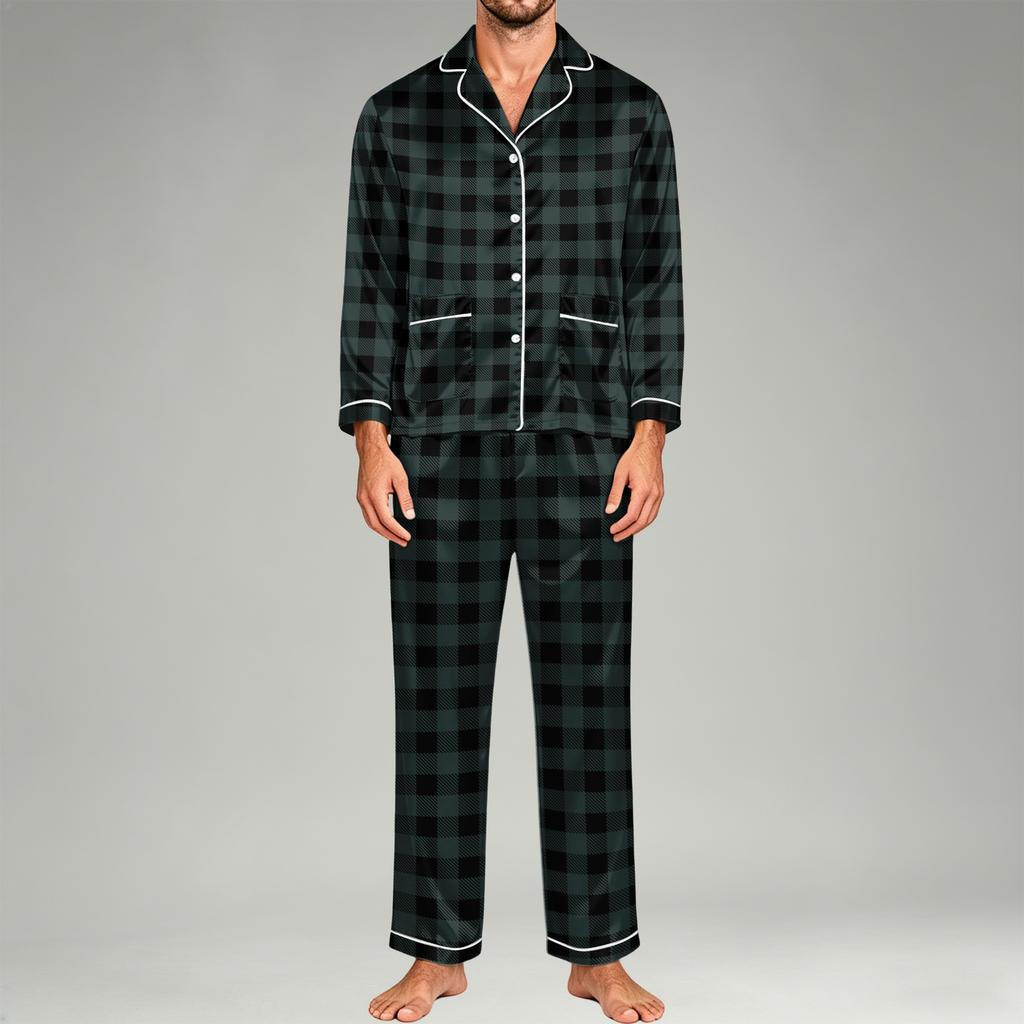 Men's Pajama Set Long Sleeve Button-Down Top and Pants Set for Home Sleepwear