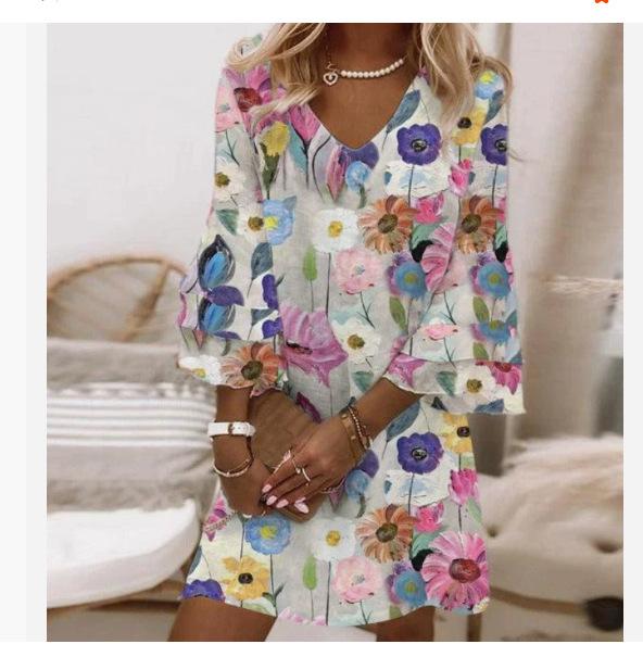 New, Fresh Printed V-Neck 3/4 Sleeve Mini Ladies Dress