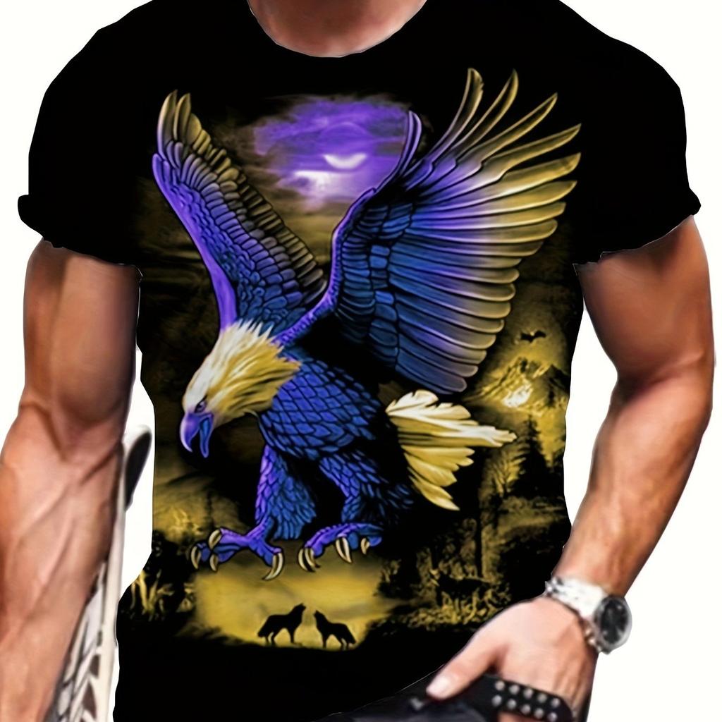 Men's Plus Size 3D Eagle Animal Pattern Printed T-shirt, Fashionable Short Sleeved Summer Top, Men's Clothing