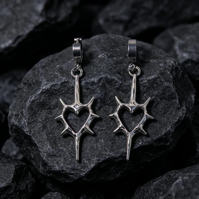Gothic Demon Wings Earrings: Stainless Steel Sword & Rose Heart Ear Studs