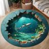 3D Underwater World Round Carpet Broken Floor Design with Sharks Printing Non-Slip Durable Rug, Stunning Visual Effect Fashion