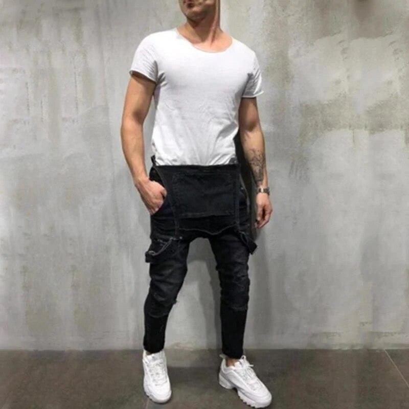Tute da Lavoro Biker Eleganti da Uomo Salopette Jeans Tuta Jeans Uomo Streetwear Casual Elasticizzate Strappate Salopette Jeans con Bretelle Maschili