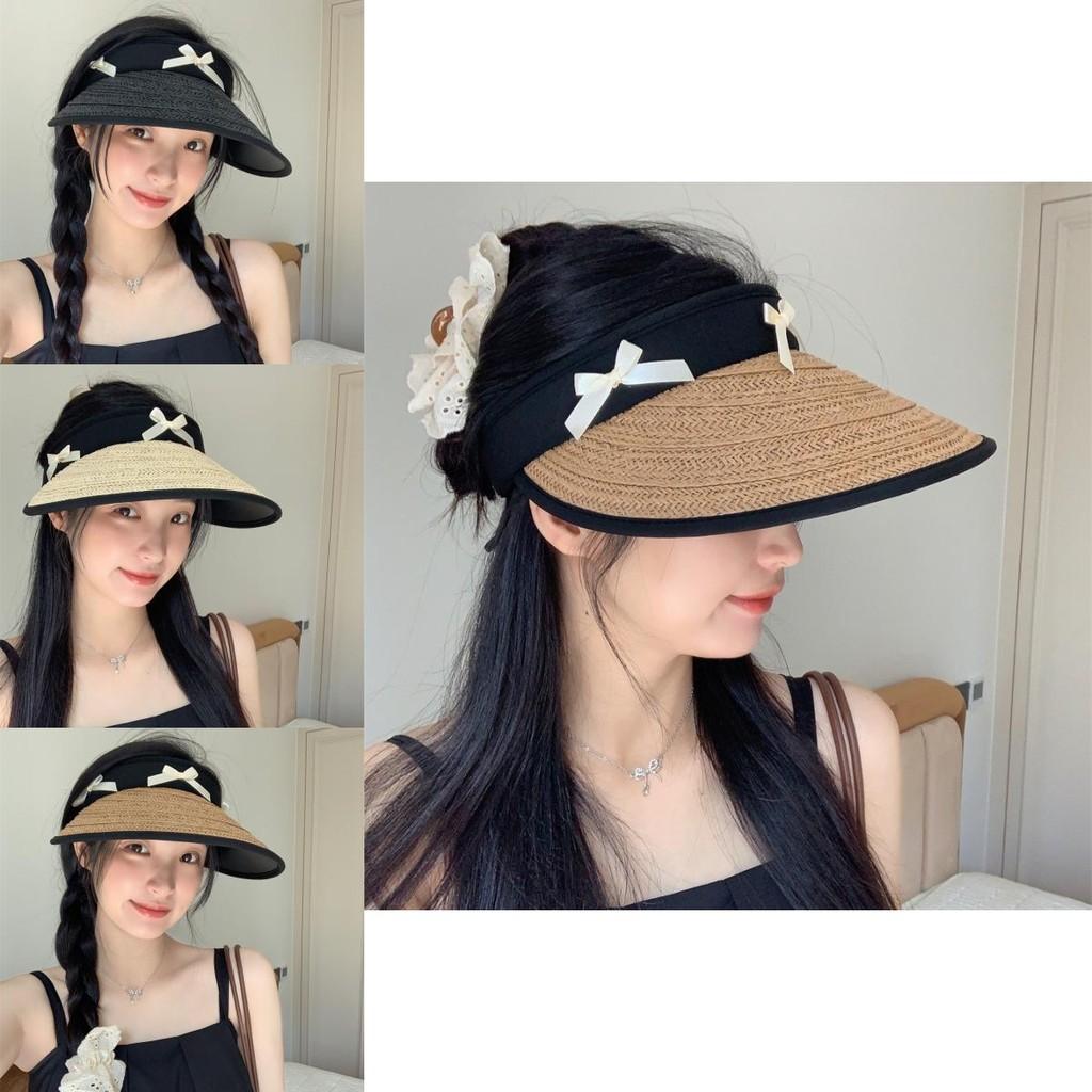 Summer Black Straw Wide Brim Hat For Women With Bow Adjustable For Outdoor Use