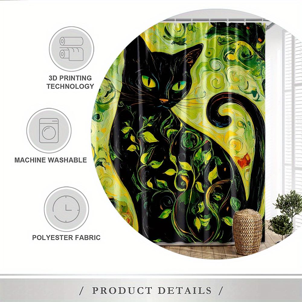 Artistic Black Cat Shower Curtain -Waterproof,Mildew-Resistant With Vibrant Green Swirls For A Unique And Stylish Bathroom Decor