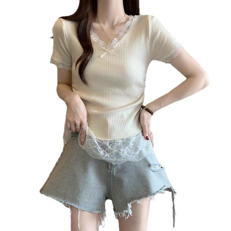 Women's V-Neck Lace Patchwork Slim Fit Short-Sleeve T-Shirt - 2025 Summer