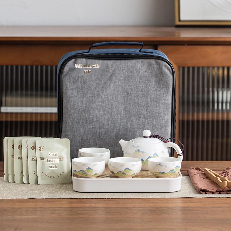 Gold Inlaid Jade Ceramic Tea Set