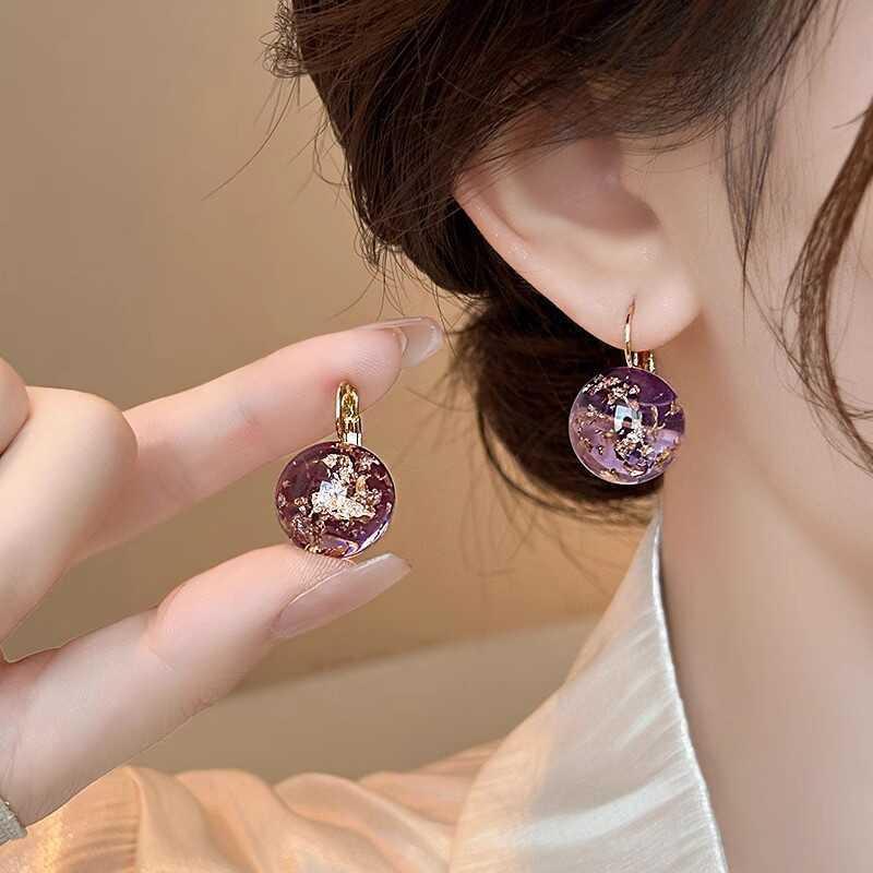 Purple Zircon Alloy Earrings With Ceramic Post Semi-Transparent Design Minimalist Chic Drop Women