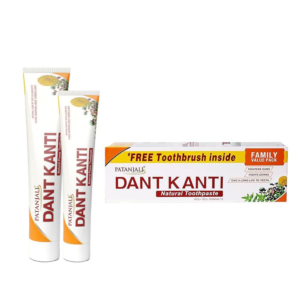 Tandkräm DANT KANTI Natural 200g + 100g + tandborste Naturligt Familjepaket