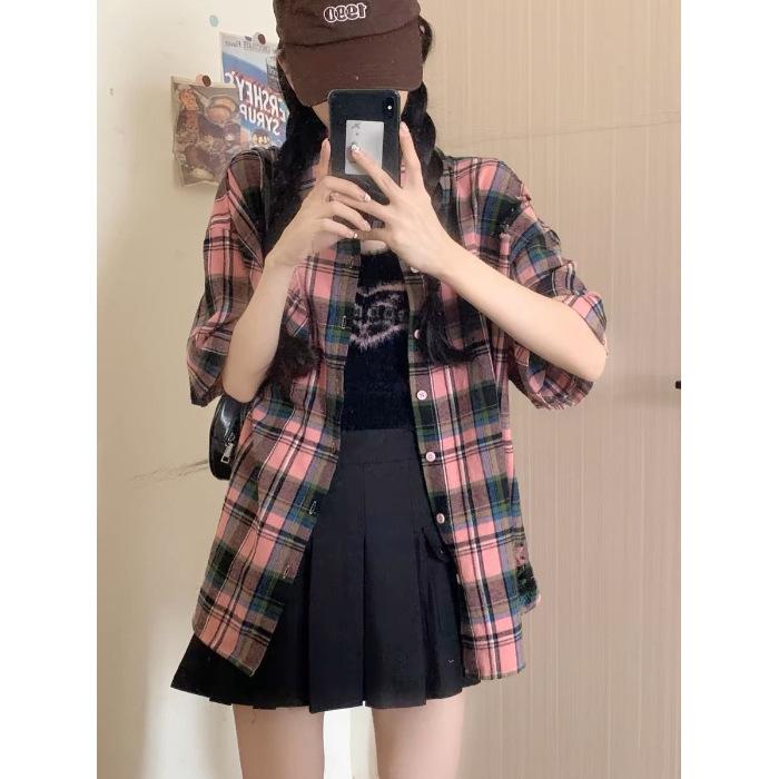 

Рубашка в клетку в стиле ретро с контрастными цветами и защитой от солнца, новый свободный и повседневный топ и куртка-рубашка для беззаботного лета 2XL розовый