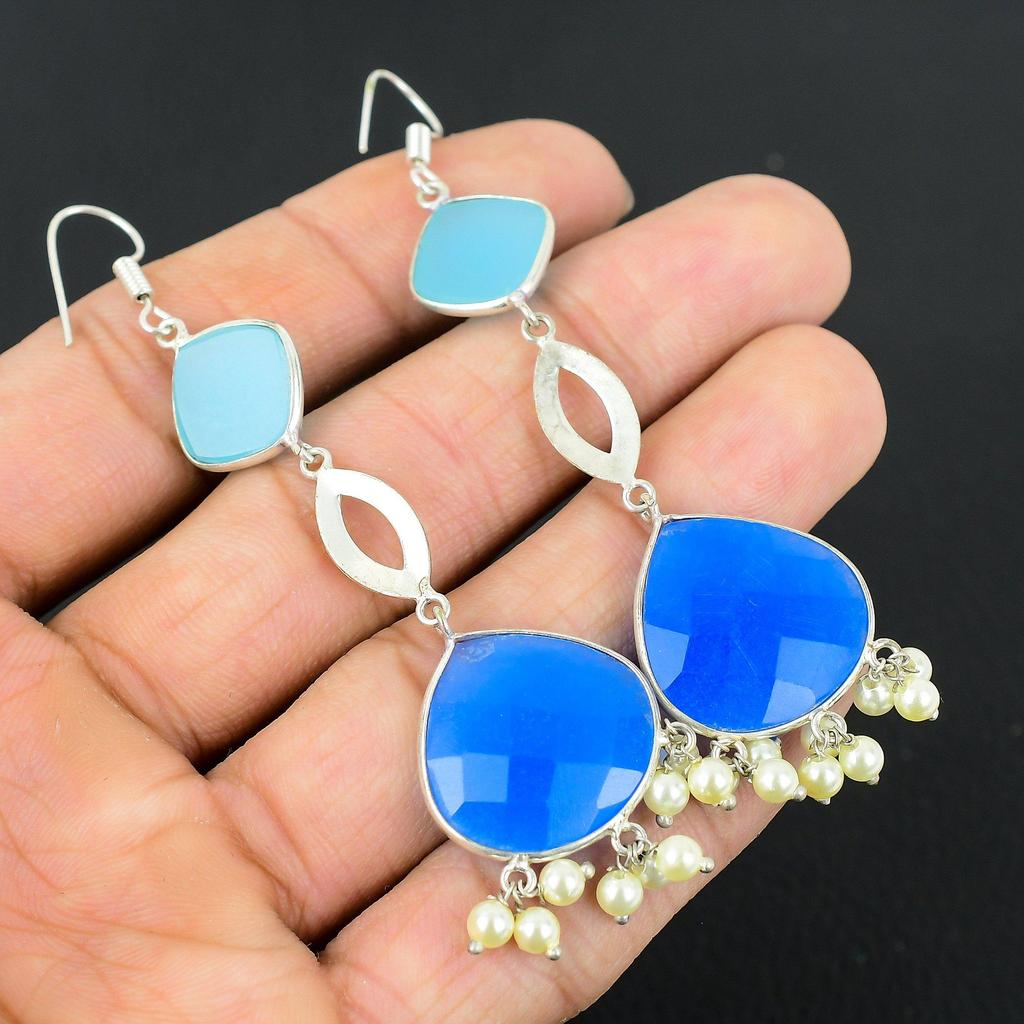 Anniversary Gift For Her Natural Blue Saphire Drop/Dangle Earrings 925 Silver