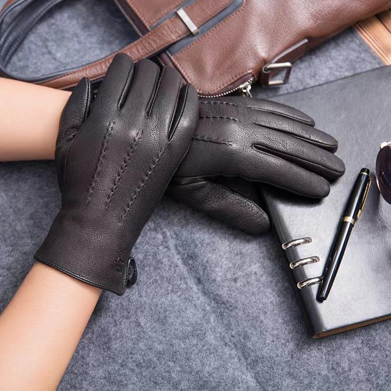 Schafsfellhandschuhe, Hirschleder-Musterdesign, Warme und weiche Herren-Lederhandschuhe, Herren-Fäustlinge mit Plüschfutter