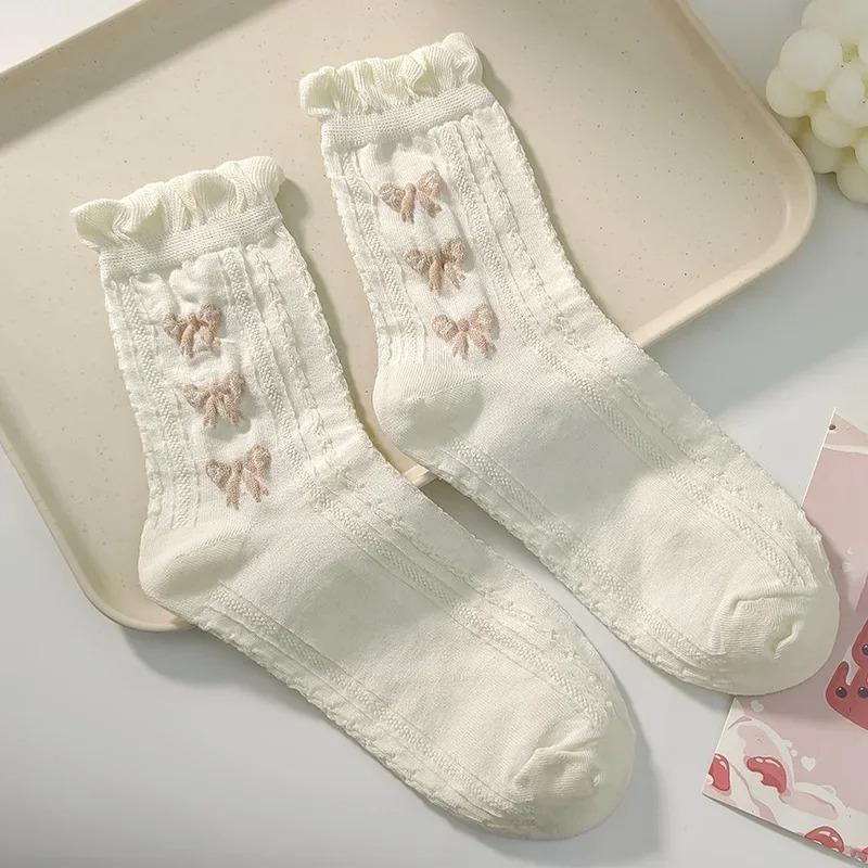 Simple White Socks Versatile Lovely Bowknot Small Flowers Women's Medium Tube Socks kawaii Harajuku jk Lolita Girls Cotton
