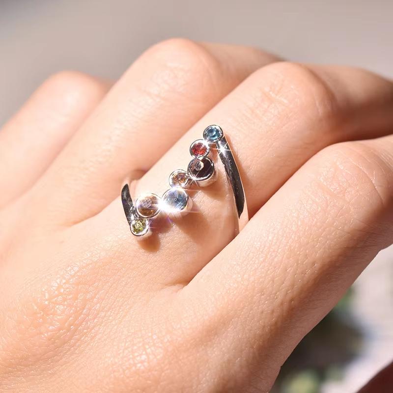 Huajie Colorful Zircon Creative Bending Rings for Women Dainty Double Layer Party Gifts Exquisite  Fashion Tide