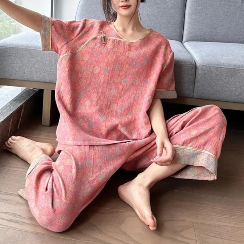 Women's Home Suits Short-sleeved Trousers Suits for Summer New Pijamas Female Pure Cotton Gauze Print Pajamas Set Plus Size