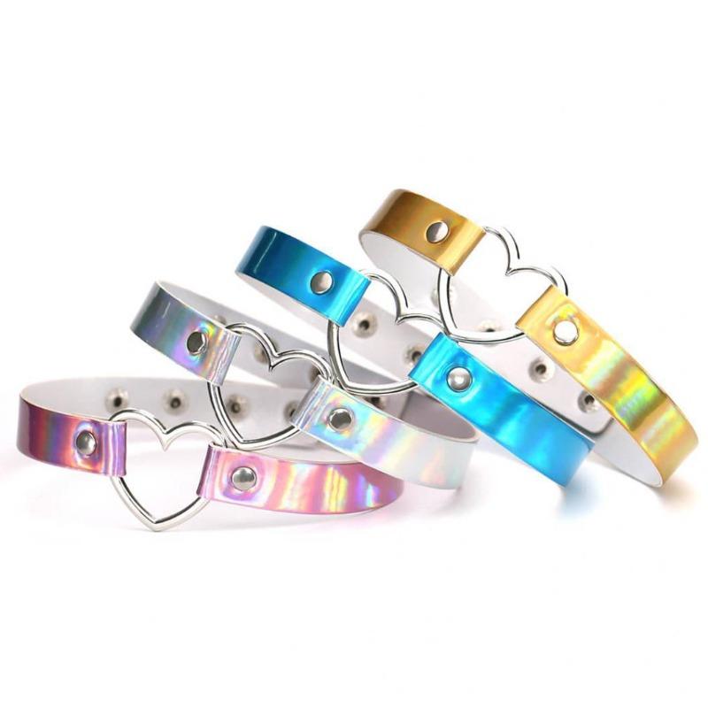 Damen Chic Holographisch Metall Offenes Herz Kunstleder Halskette Choker Geschenk