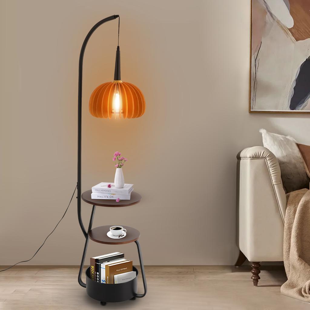 Vintage Industrial Floor Lamp, Modern Standing Light with 2 Trays & 1 Storage Bin, 110V for Living Room, Reading Corner Lamp