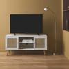 Meuble TV en cannage 120x39x56.5cm - Bohème - Blanc. 2 niveaux. 2 étagères. 2 portes. pieds scandinaves
