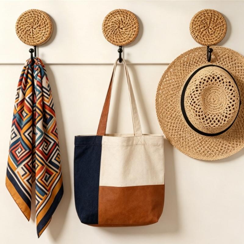 Decorative Wall Hangers, Set of 2 with Round Textured Faces, Solid Wood Bases and Black Metal Arms for Towels, Robes, Bags, Hats and Keys
