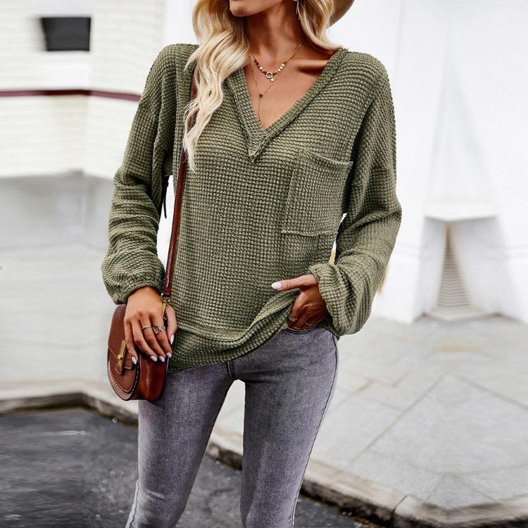 Autumn Winter Women Solid Color V Neck Knit Sweater Long Sleeve Top