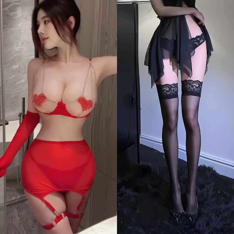 Sex underwear transparent mesh seduction three-point pajamas passion free red robe suit women