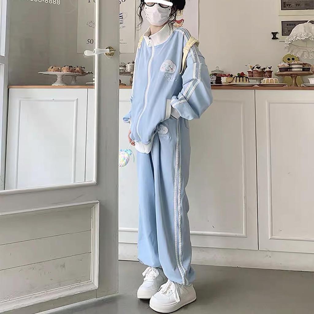 ZYOOFOV Long Sleeve Tracksuit Set with and Front A plus light Women's Stand-Up Collar, Zipper, Embroidery, Opening. subculture-inspired, size, blue,