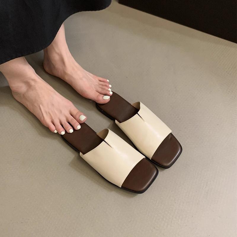 Spring and Summer Footwear Plus Size Slippers Square Toe Beach Shoes Soft-soled Flat-bottomed Flip-flops Women's Shoes