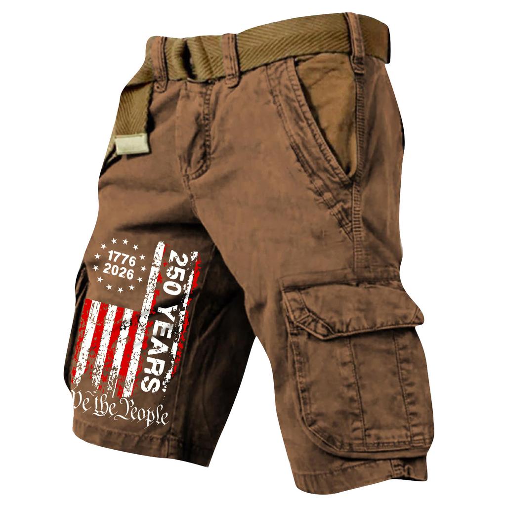 Pantaloncini Cargo Casual da Uomo con Cintura Multi Tasche Cotone Vestibilità Larga Stile Bandiera Stampata per Lavoro all'Aperto Viaggio