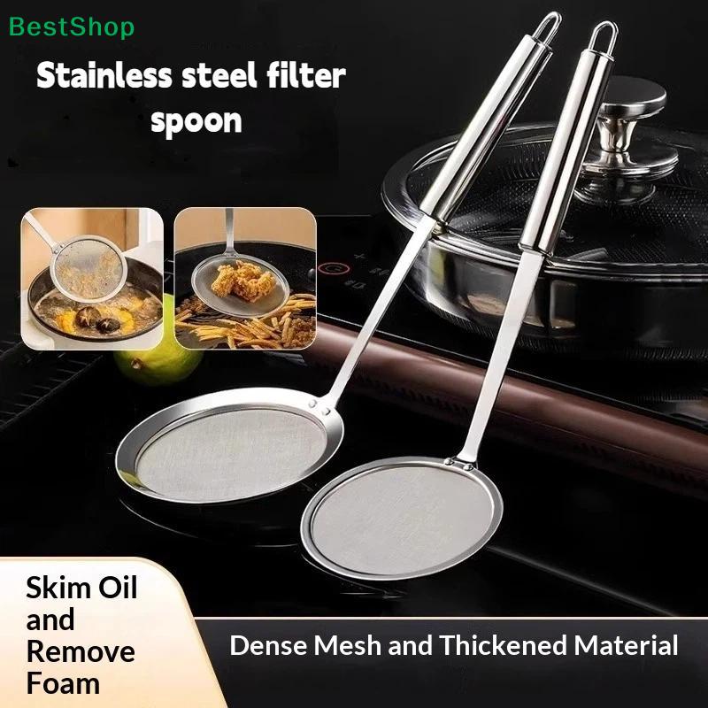 Cucchiaio Scolapasta a Maglia Fine in Acciaio Inossidabile Manico Rotondo Filtro da Cucina Scolapasta per Cucinare Mestolo per Schiumare Grasso Schiuma