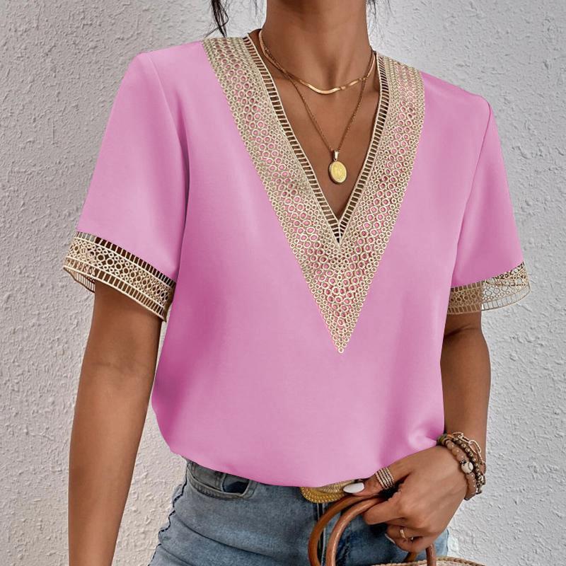 EastRogue  Women's Fashion Casual Summer Spring Solid Color Print Lace Short Sleeve V-Neck Blouses & Shirts