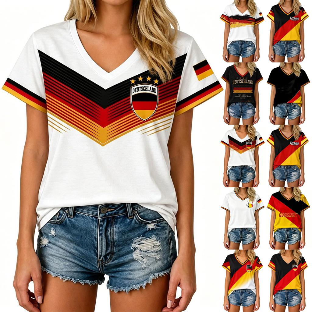 Unisex Freizeit V-Ausschnitt Kurzarm Pullover T-Shirt Fußballfan Aufdruck Weltmeisterschaft Unterstützer Oberteil Deutschland Fußball Design
