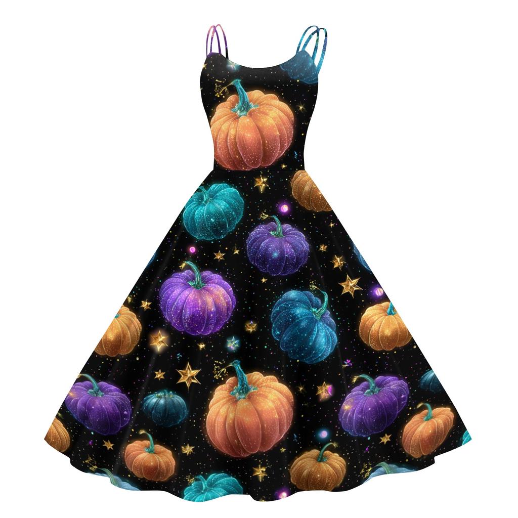 Women's Halloween Printed Off Shoulder Punk Vintage Dress Sleeveless Spaghetti Strap A-Line Midi Dress with Floral and Spider Web Pattern