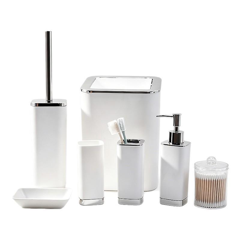 Bathroom Essentials Set: Soap Dispenser, Toothbrush Holder, Cup, Cotton Swab Holder, Soap Dish, Toilet Brush, Trash Can with Lid.