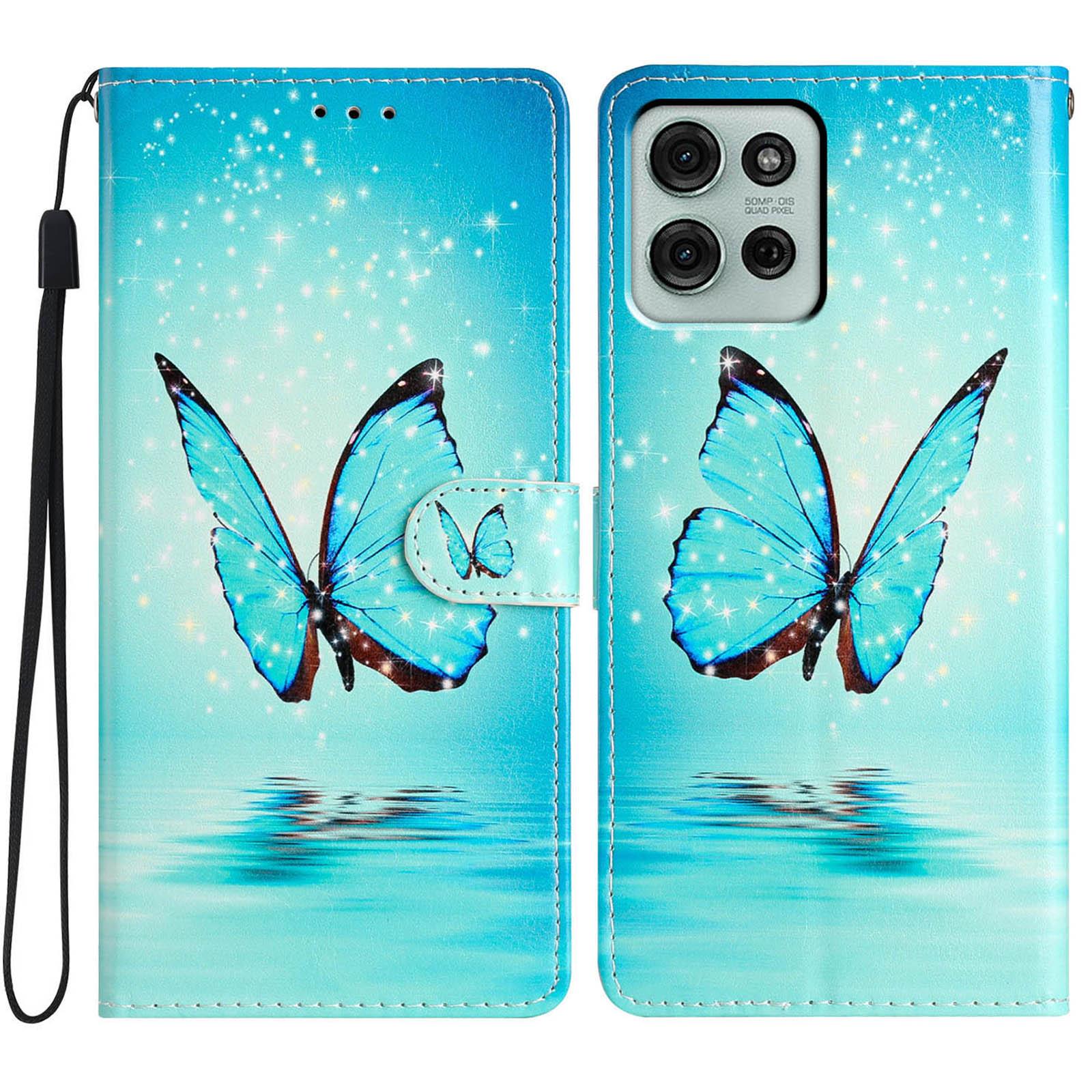 

For Motorola Moto G56 5G Wallet Case PU Leather Pattern Printing Stand Phone Cover with Strap Blue Butterfly