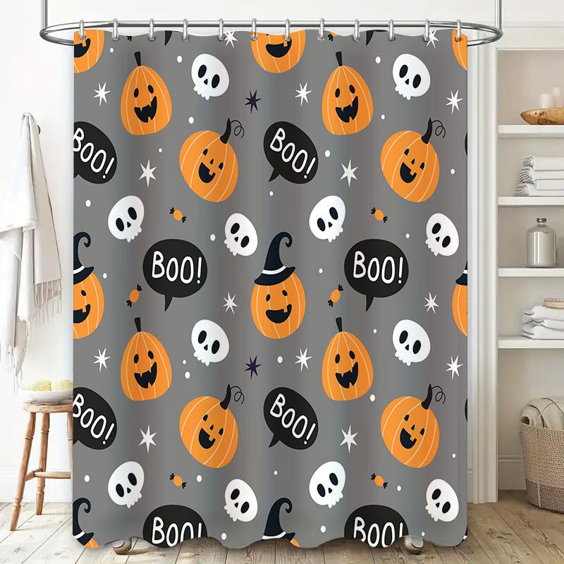 Halloween-Themed Bathroom Curtains Featuring Pumpkins, Skulls, And Ghost Faces Waterproof Fabric Suitable For Use In Bathtubs Or