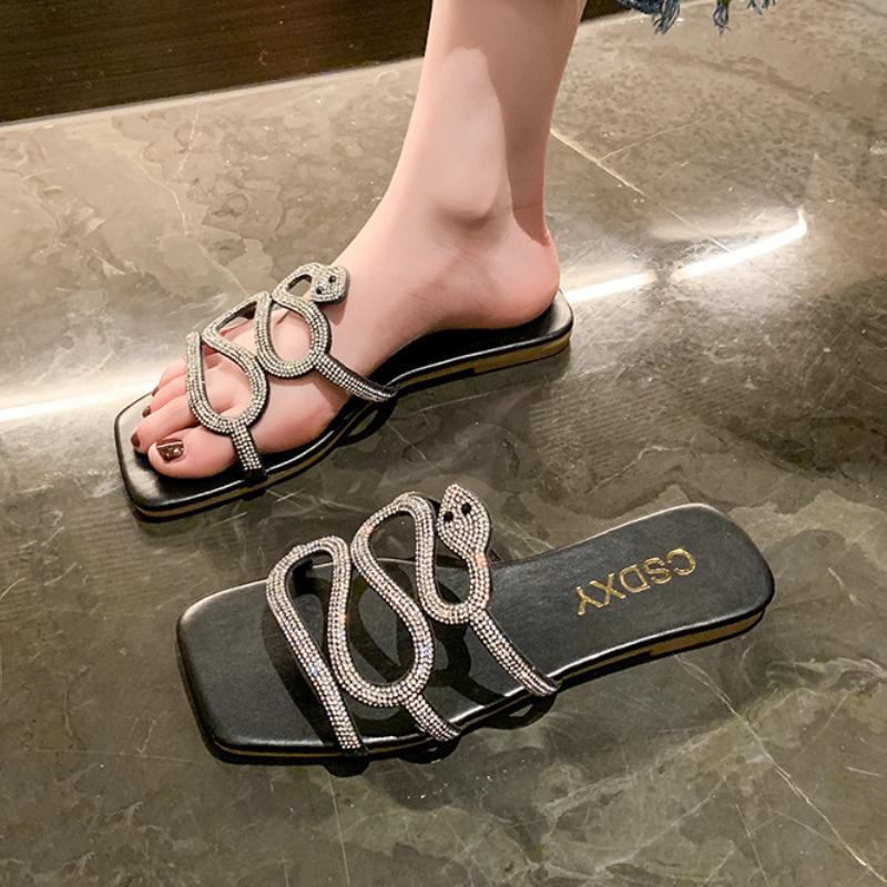 Ladies Slippers  Rhinestone Flat Sandals Serpentine Pattern Sandals